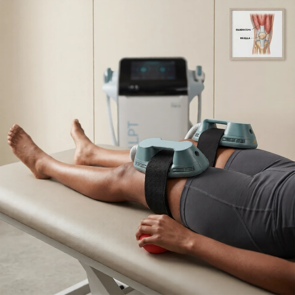 Deep supramaximal muscle contraction during an Emsculpt for pain session at Brockwell Healthcare in Dubai