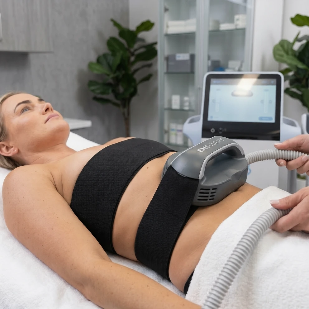 Emsculpt HIFEM applicator positioned for neuromuscular pain treatment at Brockwell Healthcare in Dubai