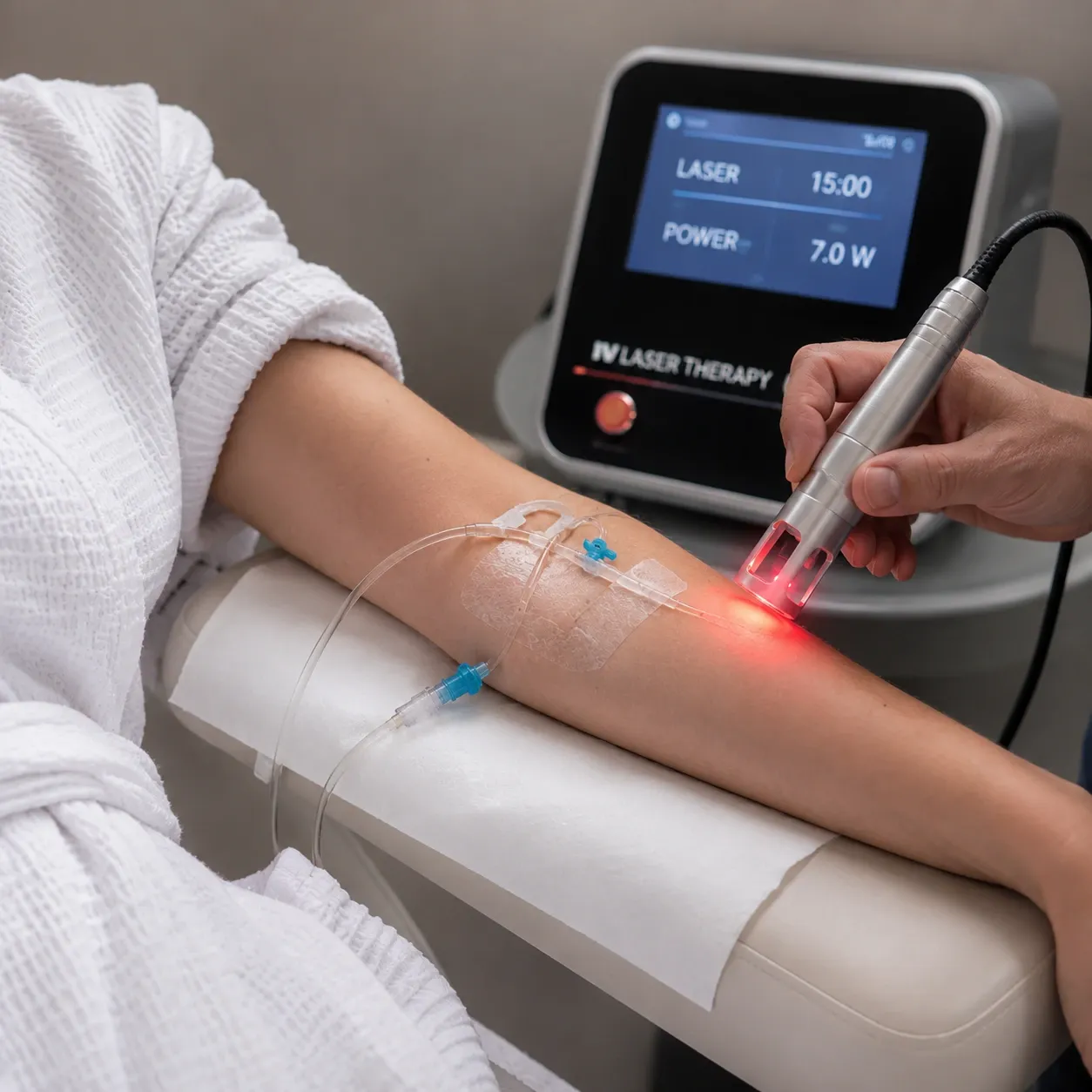 Clinician delivering IV laser (ILIB) therapy through an intravenous probe at Brockwell Healthcare