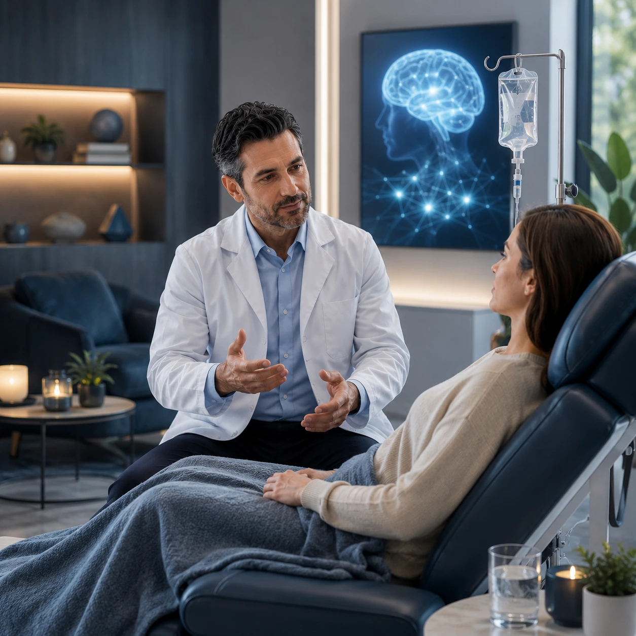 Clinician monitoring a patient during a supervised ketamine therapy session at Brockwell Healthcare in Dubai