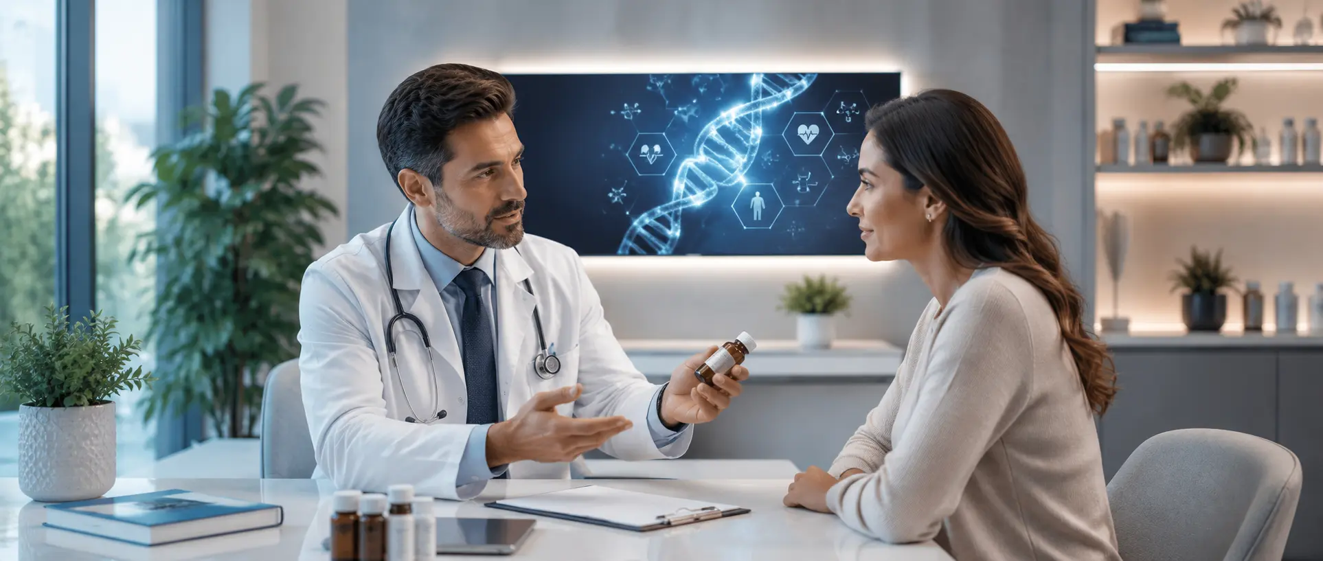 Doctor reviewing detailed biomarker and biological-age data as part of a longevity medicine plan at Brockwell Healthcare in Dubai