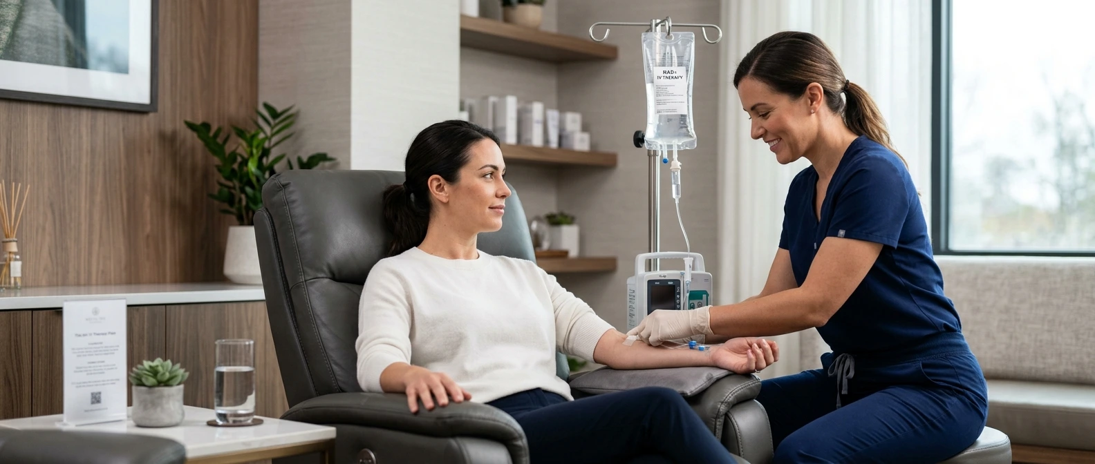 Patient receiving a slow, doctor-supervised NAD+ IV infusion at Brockwell Healthcare