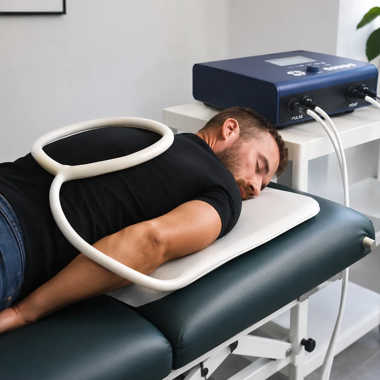 Patient receiving non-invasive PEMF (pulsed electromagnetic field) therapy at Brockwell Healthcare